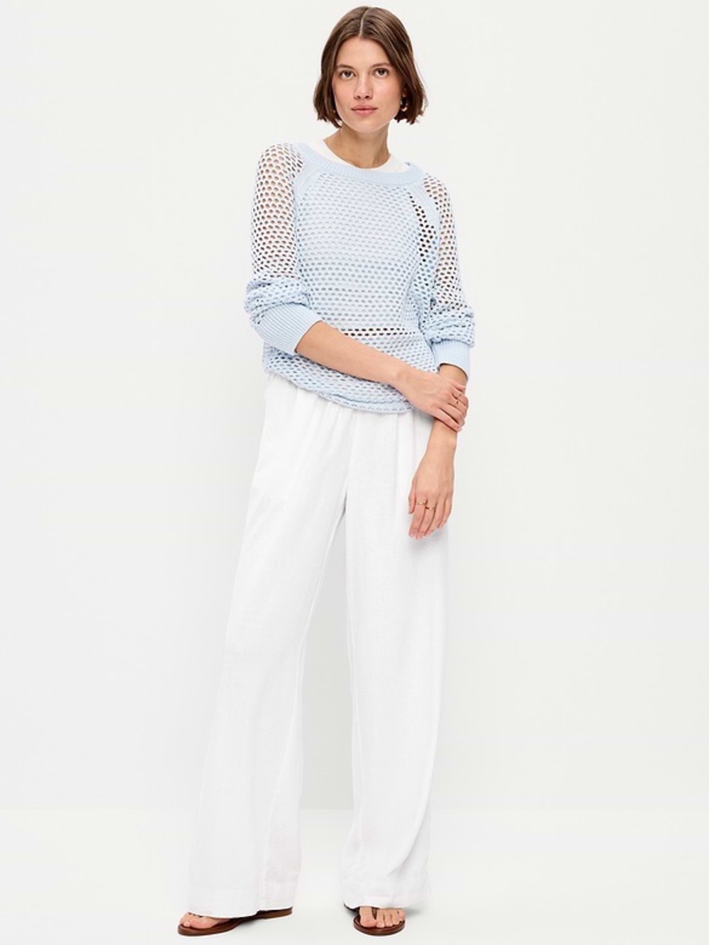 Old Navy High-Rise Wide Leg Linen-Blend Pants | Navy Stripe | Size S Petite